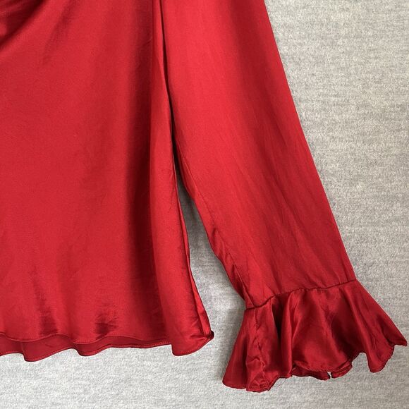 Harris Wallace Red Silk Top Size L Cowl Neck Flared Ruffled Sleeves Witchy Vamp - Picture 7 of 13